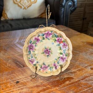 Hand-Painted Floral Decorative Plate in Purple and Green